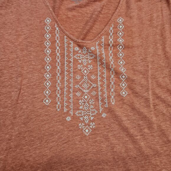 Garnet Hill Womens Shirt Orange Tribal Organic Linen V-neck Short Sleeve Medium - Picture 3 of 8